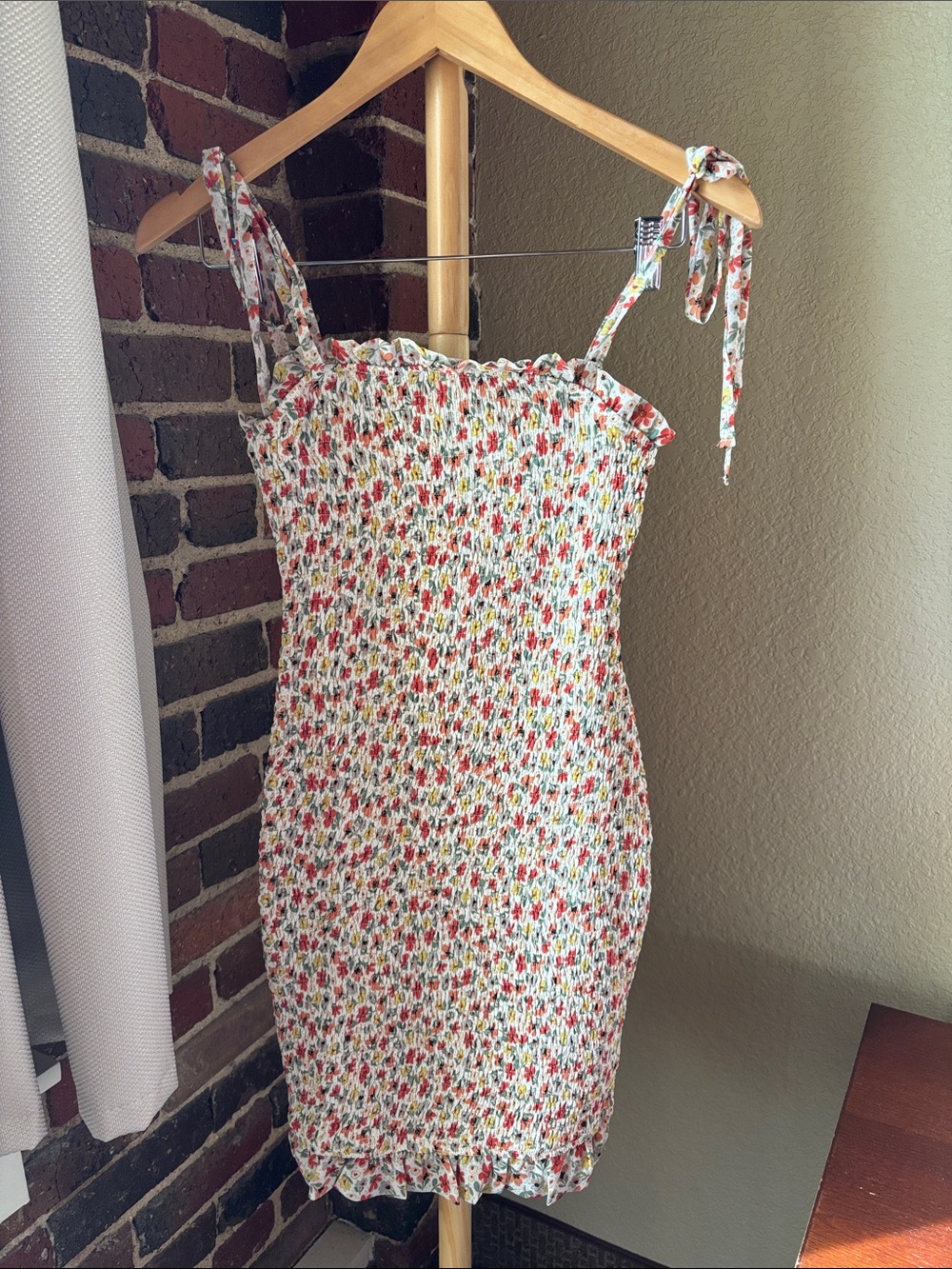 Sweet Lemon Smocked Floral Mini Dress - White with Pink & Green Floral Size S